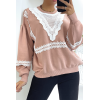 Pull rose over size manche bouffante avec motif en dentelle - 1