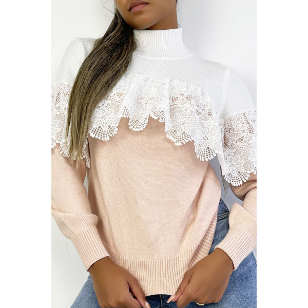 Pull court ample bicolore rose poudré et blanc avec col montant et voile en dentelle au niveau de la poitrine - 1