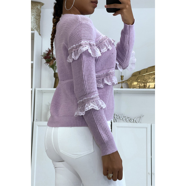 Pull lilas col rond avec de jolis volants en dentelle - 3