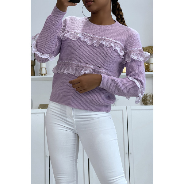 Pull lilas col rond avec de jolis volants en dentelle - 4