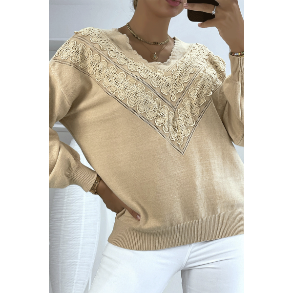 Pull beige pour femme en col V avec motif en dentelle - 2