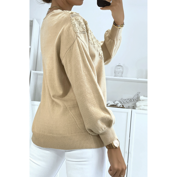 Pull beige pour femme en col V avec motif en dentelle - 4