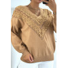 Pull camel pour femme en col V avec motif en dentelle - 2