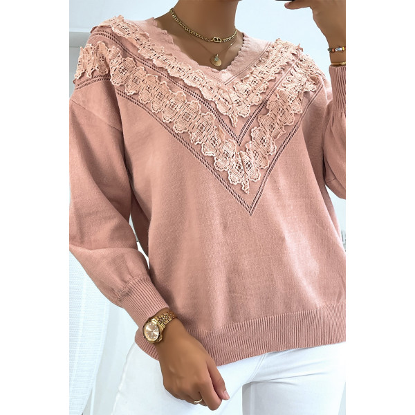 Pull rose pour femme en col V avec motif en dentelle - 1