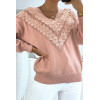 Pull rose pour femme en col V avec motif en dentelle - 4