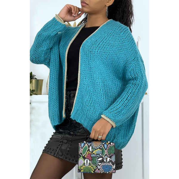 Cardigan turquoise en grosse maille - 2