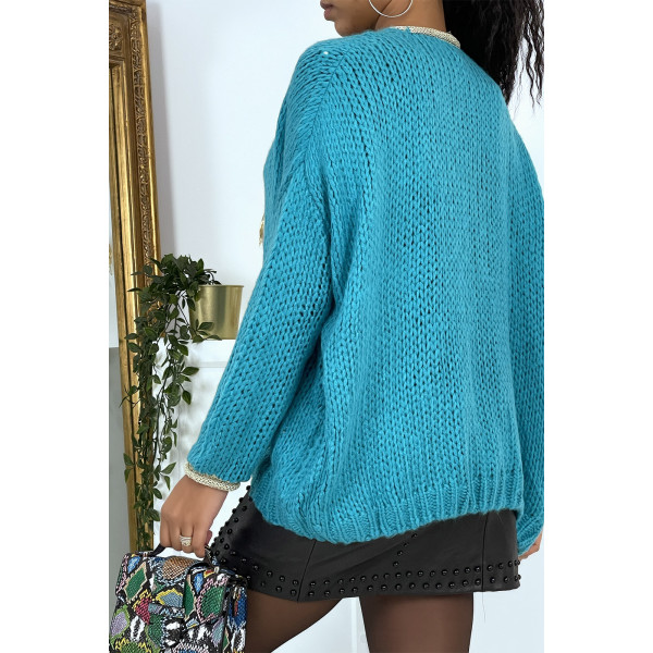 Cardigan turquoise en grosse maille - 4