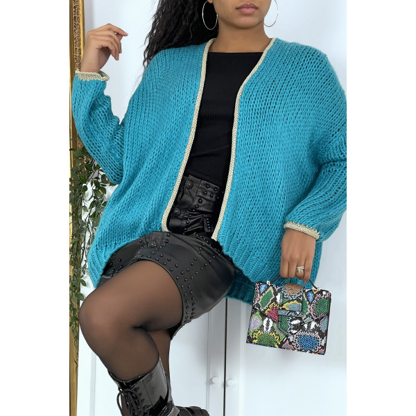 Cardigan turquoise en grosse maille - 5