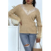 Pull col montant taupe à manches bouffantes en tulle - 2