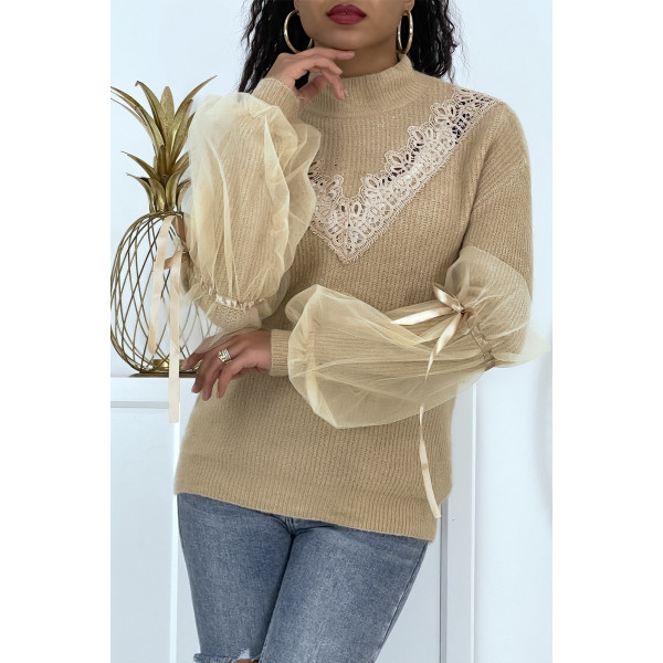 Pull col montant taupe à manches bouffantes en tulle - 4