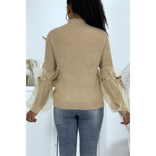 Pull col montant taupe à manches bouffantes en tulle - 5