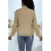 Pull col montant taupe à manches bouffantes en tulle - 5