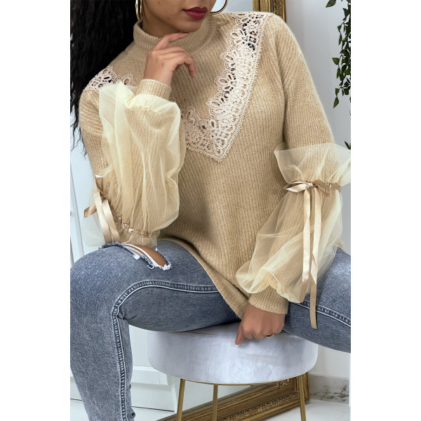 Pull col montant taupe à manches bouffantes en tulle - 6