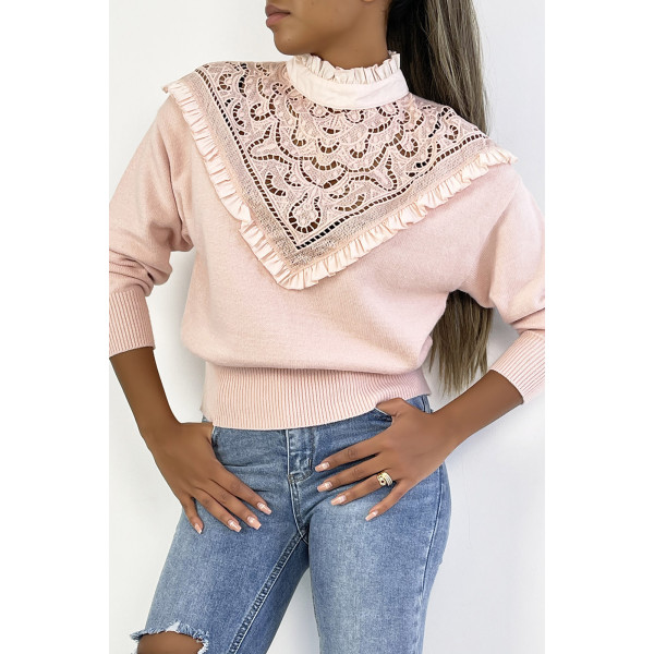 Pull très chic rose poudré à manches longues et col montant ajouré - 2