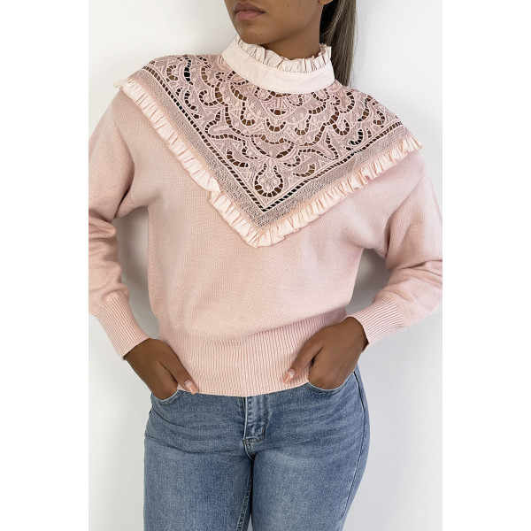 Pull très chic rose poudré à manches longues et col montant ajouré - 5