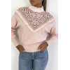 Pull très chic rose poudré à manches longues et col montant ajouré - 5