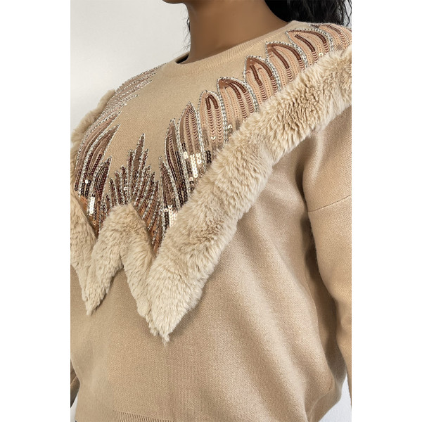 Pull beige à col rond et motif en fausse fourrure et strass - 2