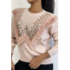 Pull rose à col rond et motif en fausse fourrure et strass - 2