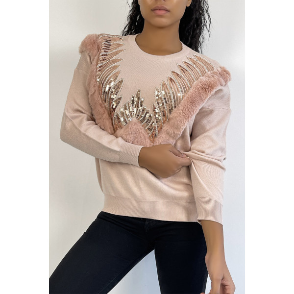 Pull rose à col rond et motif en fausse fourrure et strass - 3