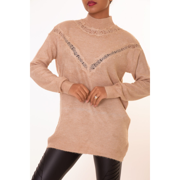 Pull long taupe à motif V en dentelle - 1