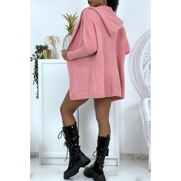 Gilet épais rose à capuche et manches chauve-souris - 3