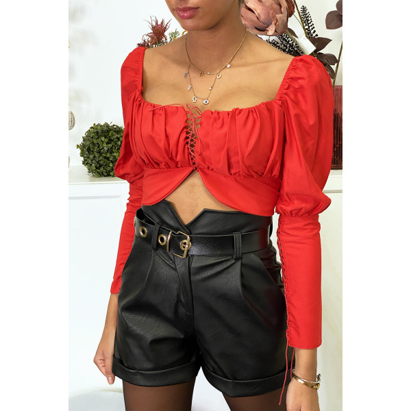 Crop top rouge décolleté avec lacet au buste et aux manches - 2