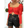 Crop top rouge décolleté avec lacet au buste et aux manches - 2