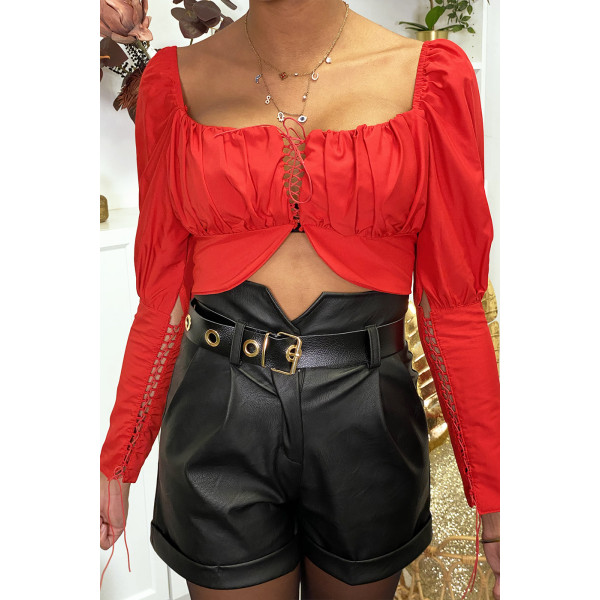 Crop top rouge décolleté avec lacet au buste et aux manches - 3