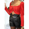 Crop top rouge décolleté avec lacet au buste et aux manches - 4