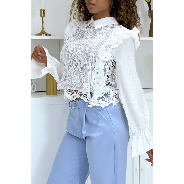 Blouse blanche à col Claudine en dentelle et tulle - 2