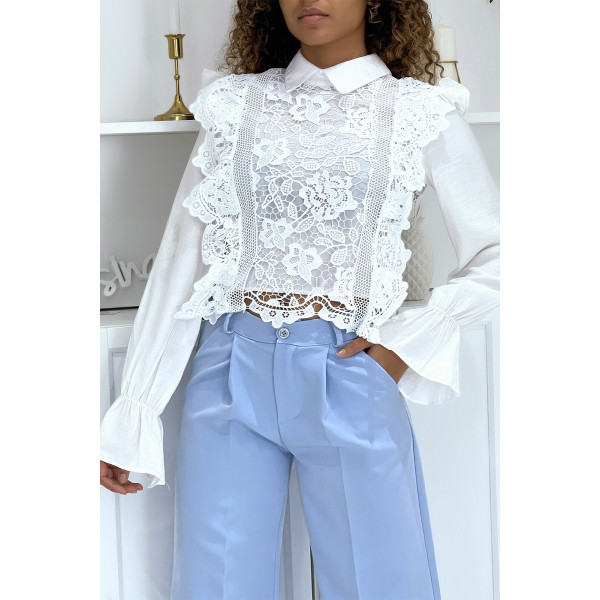 Blouse blanche à col Claudine en dentelle et tulle - 4