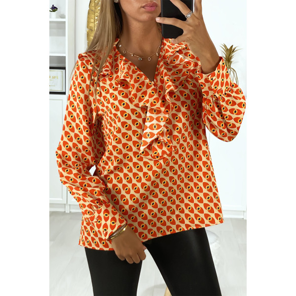 Blouse à motif orange avec volant à l'avant - 1