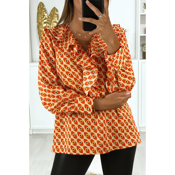 Blouse à motif orange avec volant à l'avant - 3