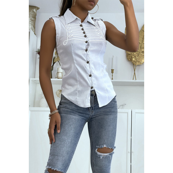 Chemise blanche sans manches avec détails brodés style officier 8047 - 2