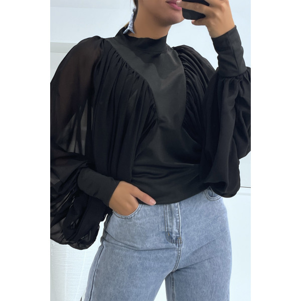 Blouse noire manches bouffantes en voile - 3