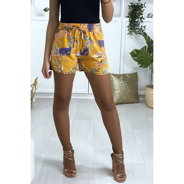 Short moutarde en coton motif fleuris avec poches - 1