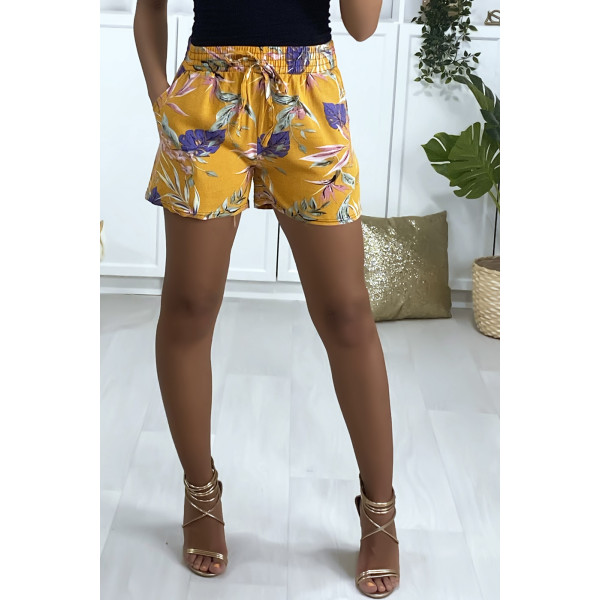 Short moutarde en coton motif fleuris avec poches - 2