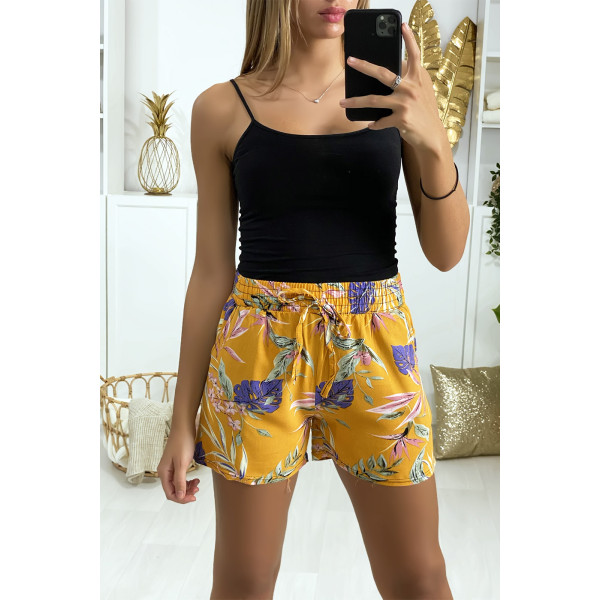 Short moutarde en coton motif fleuris avec poches - 3