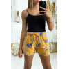 Short moutarde en coton motif fleuris avec poches - 3