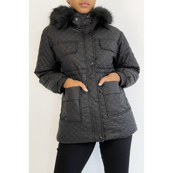 Manteau matelassé multi-poches noir à capuche - 2