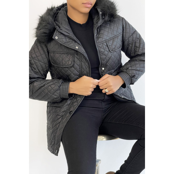 Manteau matelassé multi-poches noir à capuche - 6