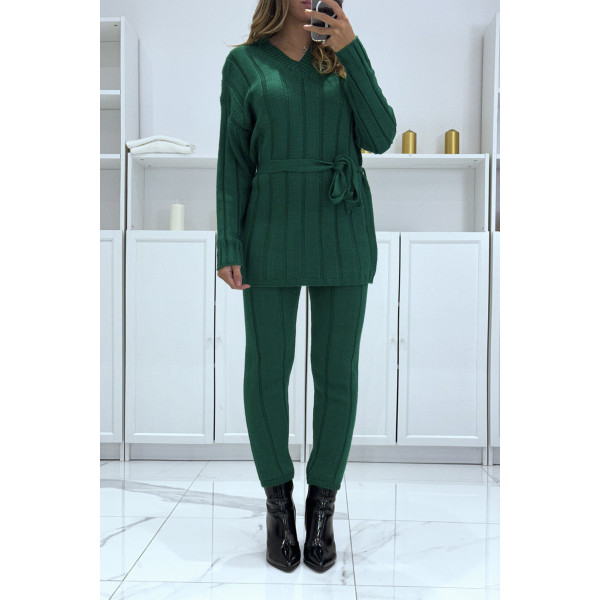 Ensemble pull col v à ceinture et pantalon vert en tricot, très chaud pour l'hiver - 2