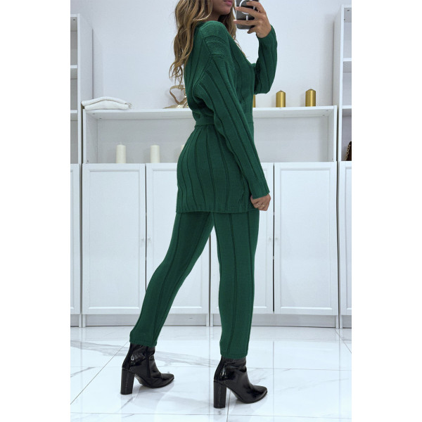 Ensemble pull col v à ceinture et pantalon vert en tricot, très chaud pour l'hiver - 3