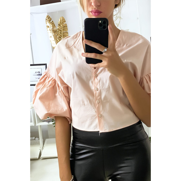 Chemise court en rose avec manches bouffantes - 4