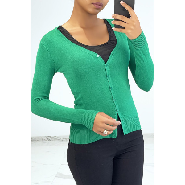 Gilet classique vert col V moulant et stretch - 1