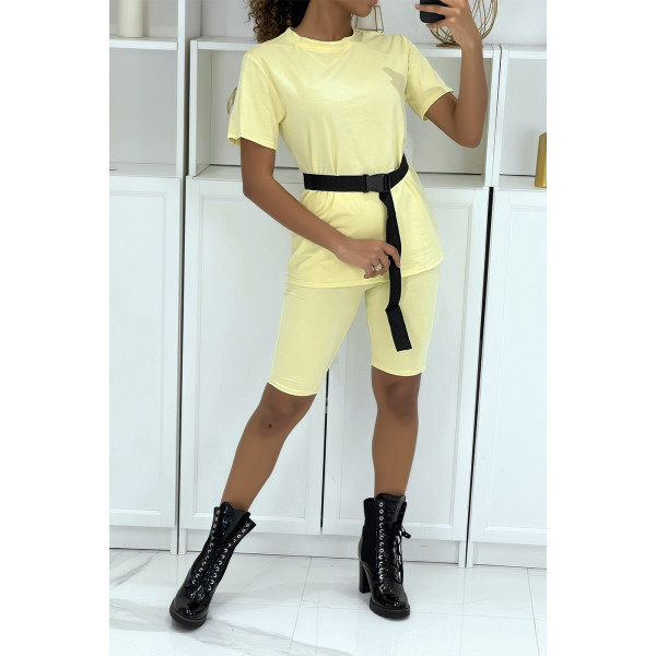 -Ensemble T-shirt et cycliste jaune avec ceinture - 1