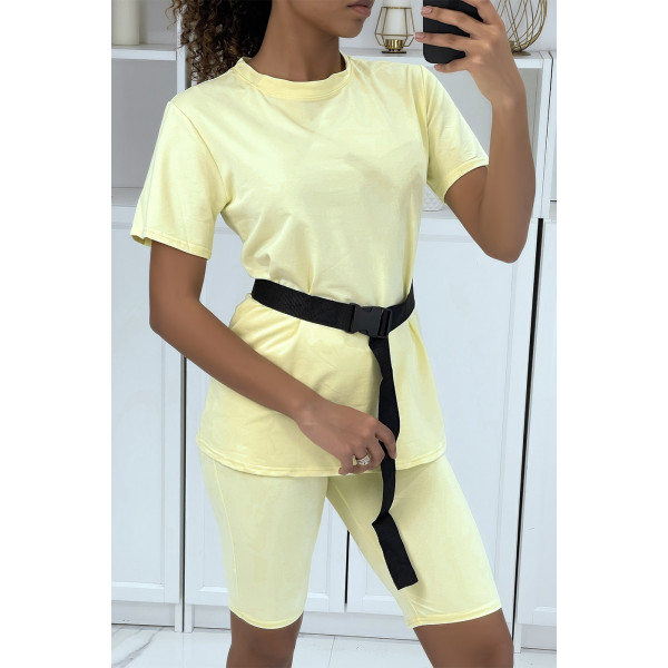 -Ensemble T-shirt et cycliste jaune avec ceinture - 2