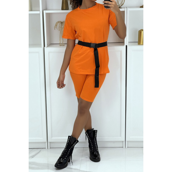 Ensemble T-shirt et cycliste orange avec ceinture - 1