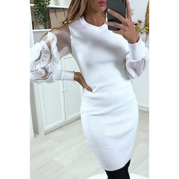 Robe pull blanc avec manches en tulle - 2