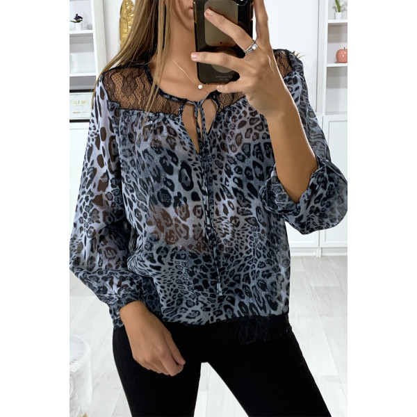 Blouse motif leopard gris avec dentelle au buste - 3